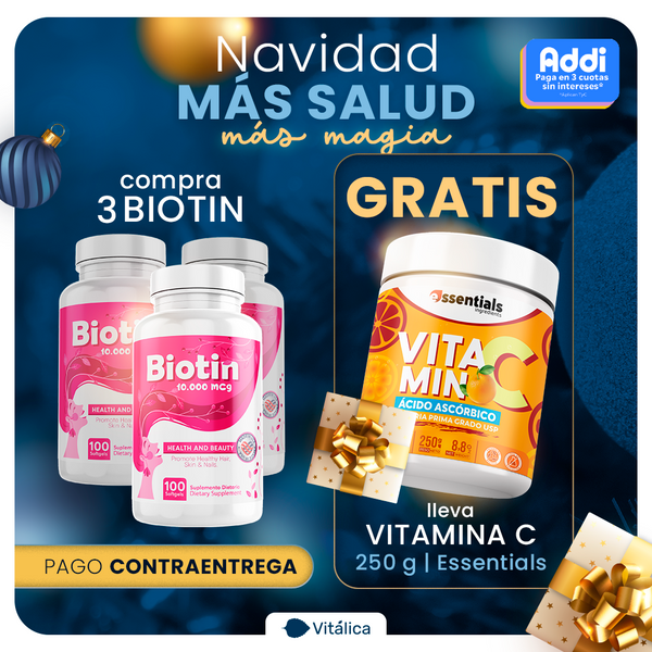 Oferta Compra 3 Biotinas 10.000 X 100 Lleva 1 Vitamina C polvo ¡Gratis!